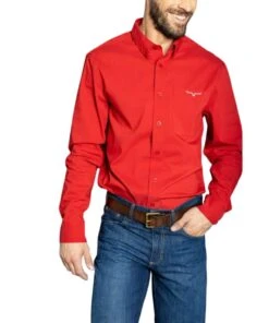 Kimes Ranch Men's KR Team Button Down Shirt -Wrangler Store KR TEAM SHIRT RED