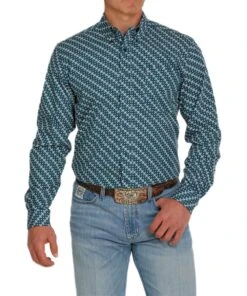 Cinch Men's Teal Geo Print Button Down Shirt