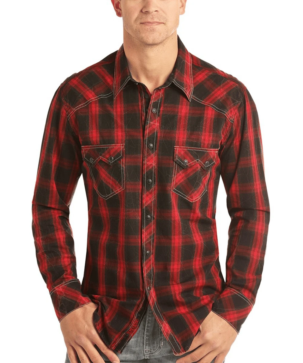 Rock & Roll Cowboy Men's Red Plaid Snap Shirt 3 Rock & Roll Cowboy Men's Red Plaid Snap Shirt