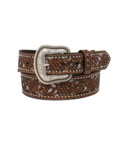 Nocona Men's Light Blue Floral Silver Studs Brown Belt